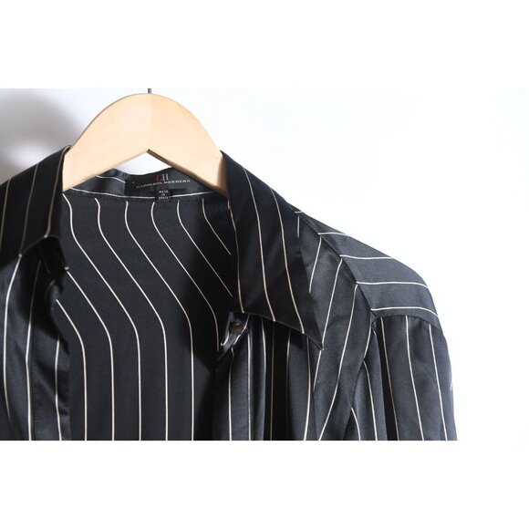 Carolina Herrera 100% Silk Wrap Top Blouse in Black Pinstripe Size 8 Work Office - Picture 3 of 13